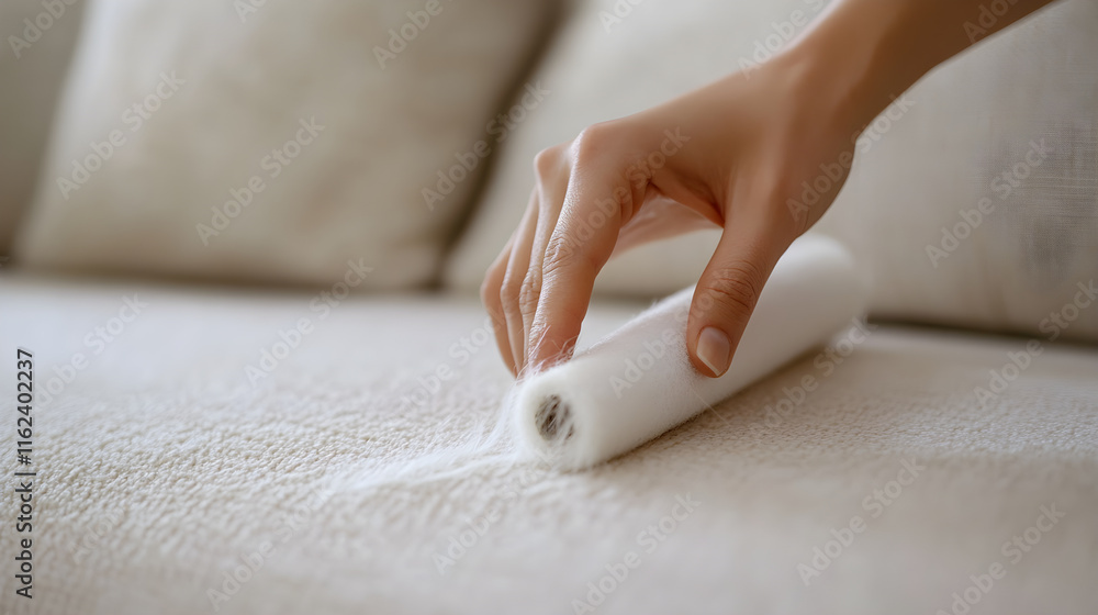 Fototapeta premium Efficient Pet Hair Removal with Lint Roller: Close-up of a Hand Cleaning a White Couch