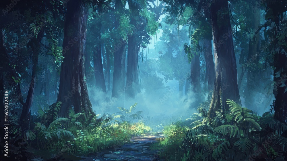 Obraz premium Mystical Forest Path Through Lush Green Canopy