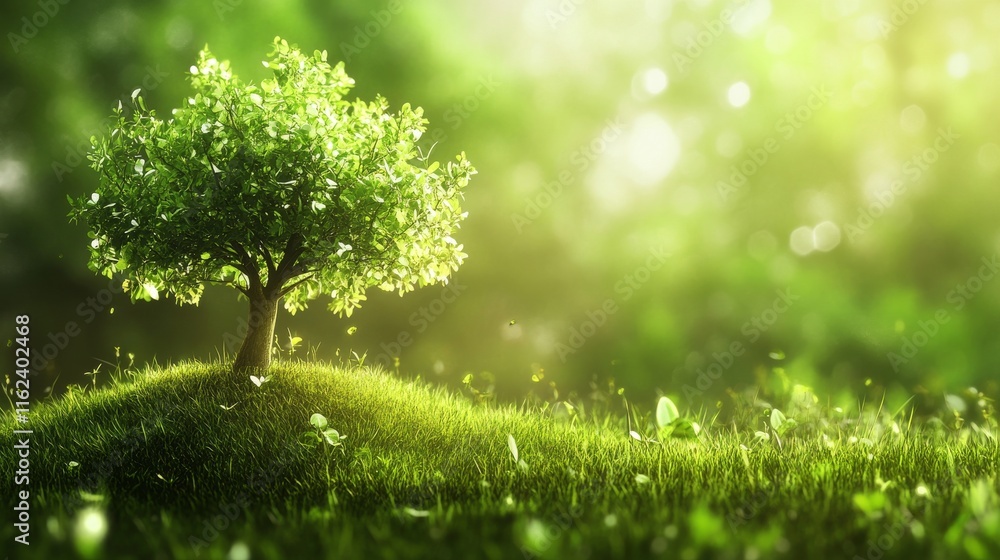 A serene tree on a lush green hillside. A serene tree on a lush green hillside.