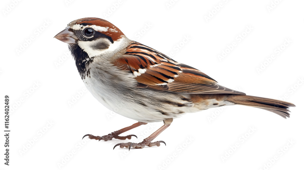 Profile view of a beautiful small brown and white sparrow standing on transparent background Profile view of a beautiful small brown and white sparrow standing on transparent background