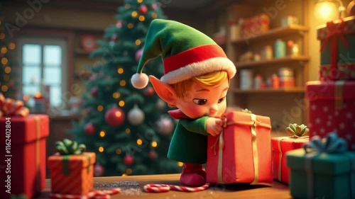 A cheerful Christmas elf standing in a festive workshop