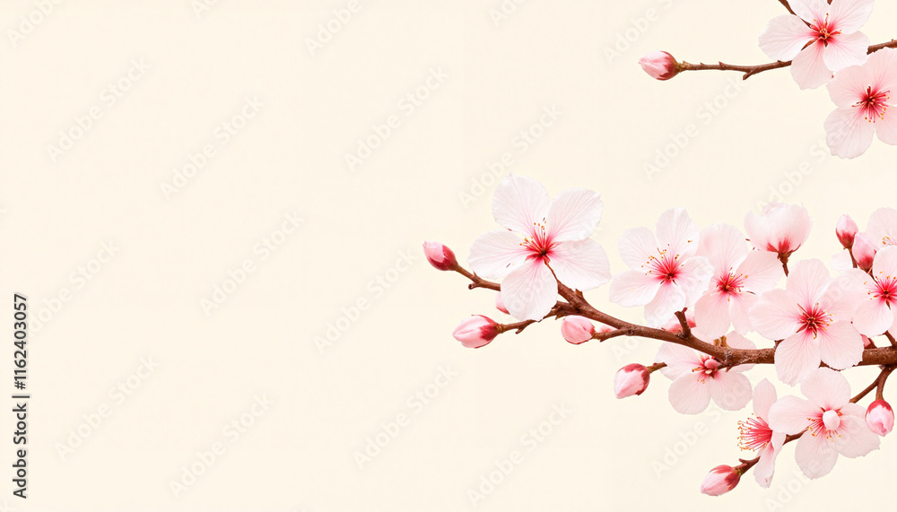 Naklejka premium Cherry blossom branch with pink flowers against a light background