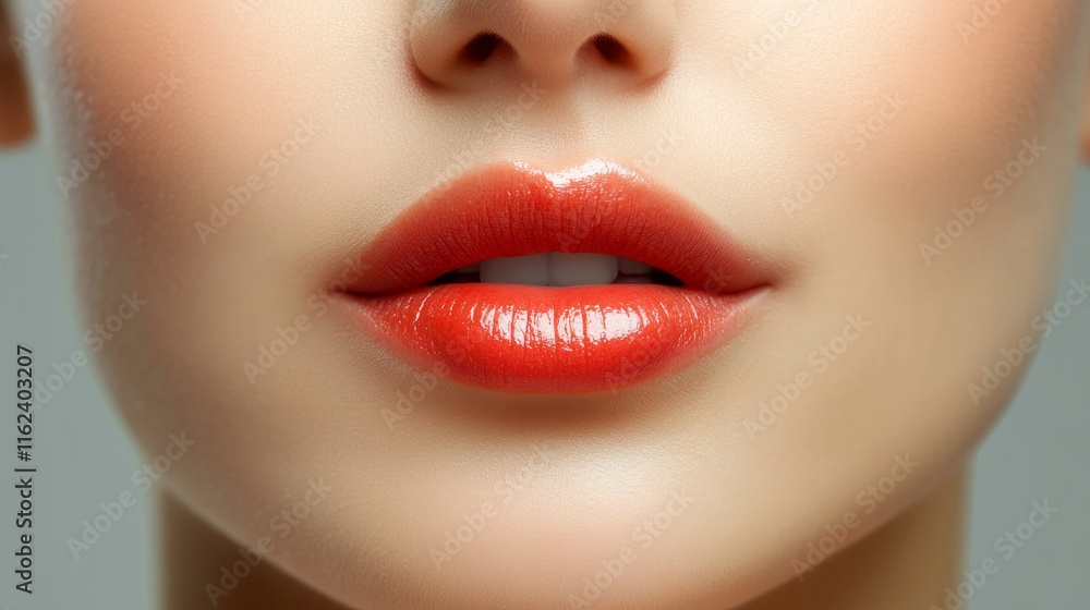 Fototapeta premium Close-up of glossy lips with vibrant lipstick.