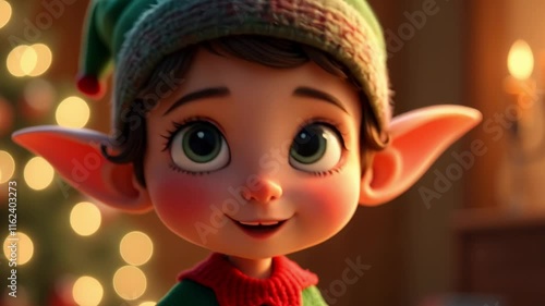 A cheerful Christmas elf looking around