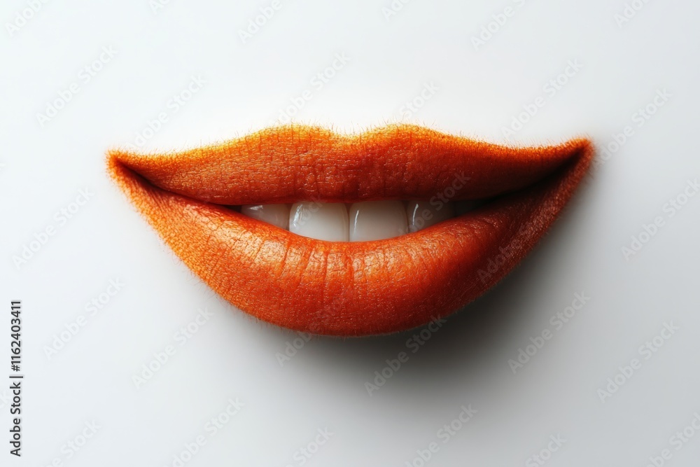 A close-up of vibrant orange lips with white teeth against a plain background. A close-up of vibrant orange lips with white teeth against a plain background.