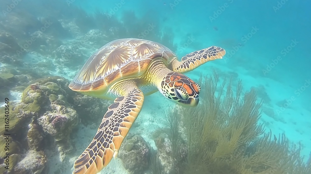 Obraz premium Hawksbill sea turtle swimming in vibrant coral reef.