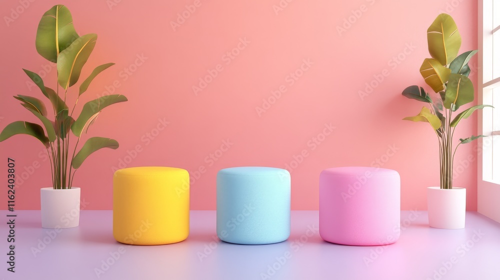 Colorful stools against a pastel wall. Colorful stools against a pastel wall.