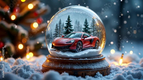 Luxury Sports Car Encased in a Snow Globe with Falling Snowflakes