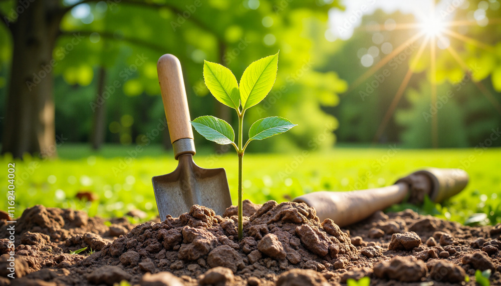 New plant emerging from soil with garden tools in sunlight New plant emerging from soil with garden tools in sunlight