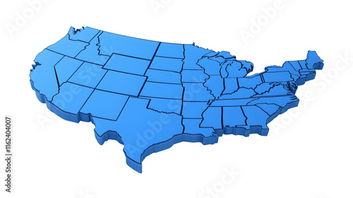 3D map of the United States displaying state borders, set against a transparent background, highlighting geographical divisions and regions