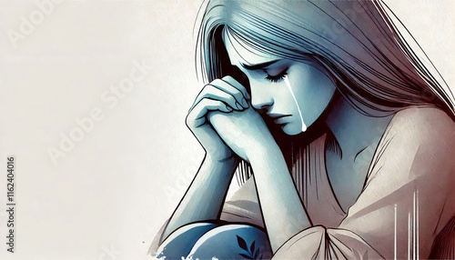 Minimalist illustration of Sad desperate grieving crying woman with folded hands and tears eyes during trouble, life difficulties, depression and emotional problems photo