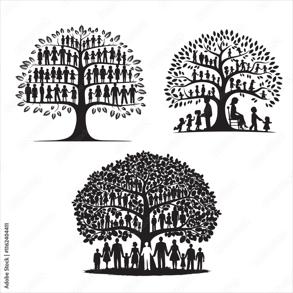Fototapeta premium set of black vector family tree silhouette with interconnected branches and roots