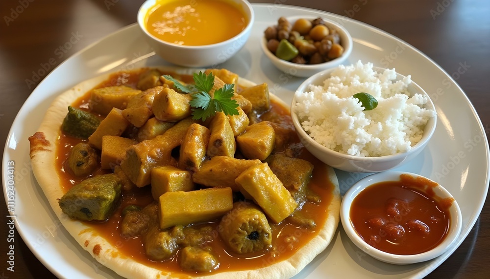 full meal plate with naan bread topped with vegetable curry, served with bowls of rice, chickpeas, and various chutneys full meal plate with naan bread topped with vegetable curry, served with bowls of rice, chickpeas, and various chutneys