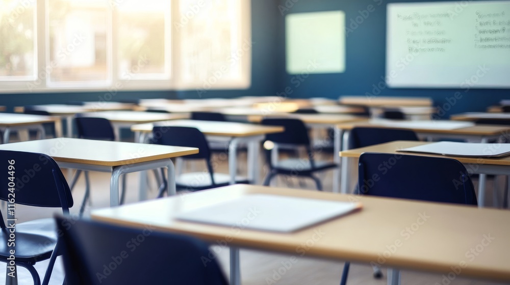 Empty classroom with desks and bright windows. Empty classroom with desks and bright windows.