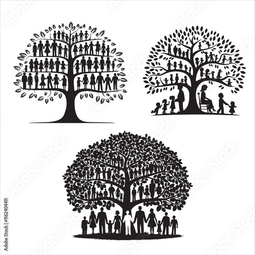set of  black vector family tree silhouette with interconnected branches and roots