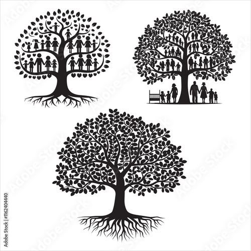set of  black vector family tree silhouette with interconnected branches and roots