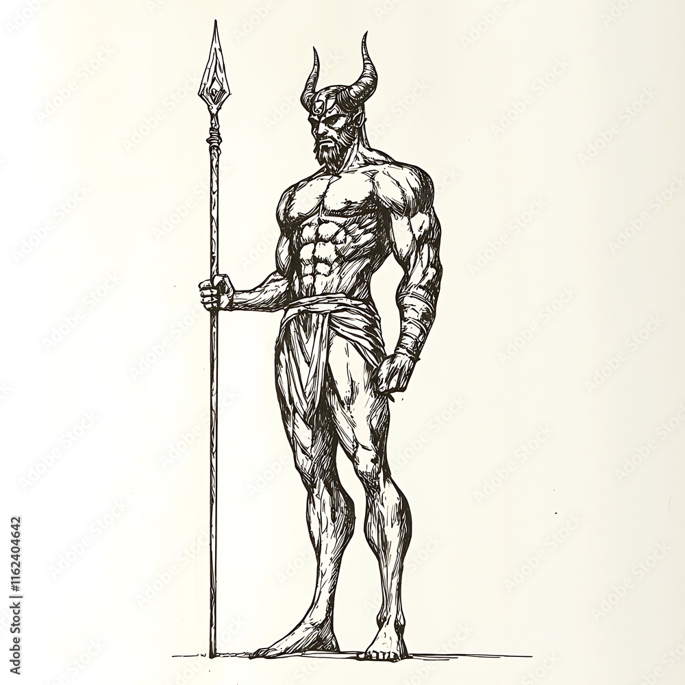 Obraz premium A muscular, horned figure stands proudly holding a spear, a dramatic black and white illustration.