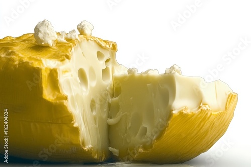 A cut piece of yellow cheese revealing its creamy texture and holes. photo