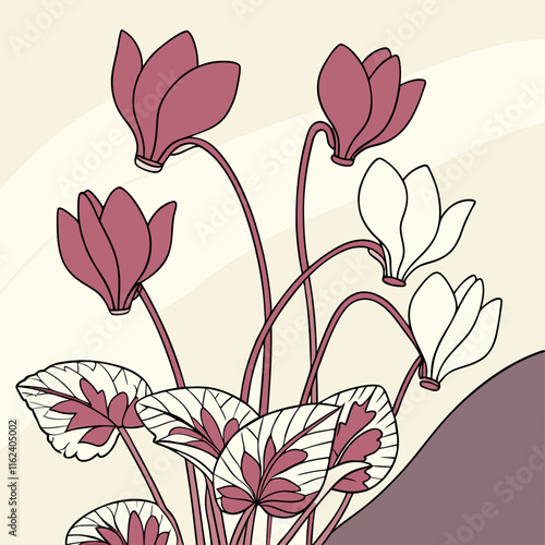 A beautiful and delicate cyclamen flower illustration, perfect for floral-themed designs, showcasing soft, vibrant colors and intricate details.