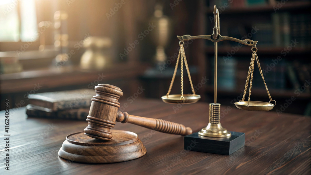 A wooden gavel and brass scales of justice are prominently displayed on a polished table, set against a blurred background of shelves filled with books. Sunlight streams softly through a window.AI gen A wooden gavel and brass scales of justice are prominently displayed on a polished table, set against a blurred background of shelves filled with books. Sunlight streams softly through a window.AI gen