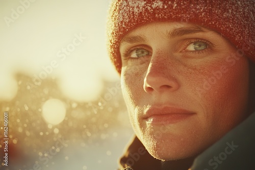 close-up of snowplow operator face frost glistening on their winter hat as they inspect cleared route under golden photo