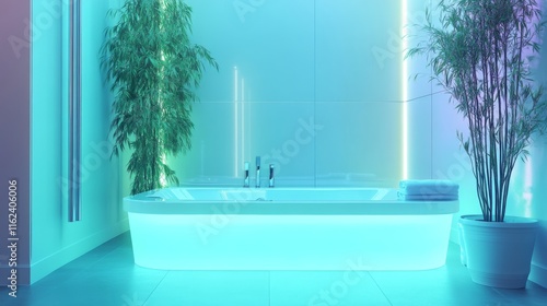 Modern bathtub with vibrant lighting and plants. photo