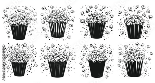 Vector black silhouettes of popcorn buckets, Abstract popcorn buckets silhouettes for design use, Popcorn buckets silhouettes vector collection, Set of popcorn buckets silhouettes on white background