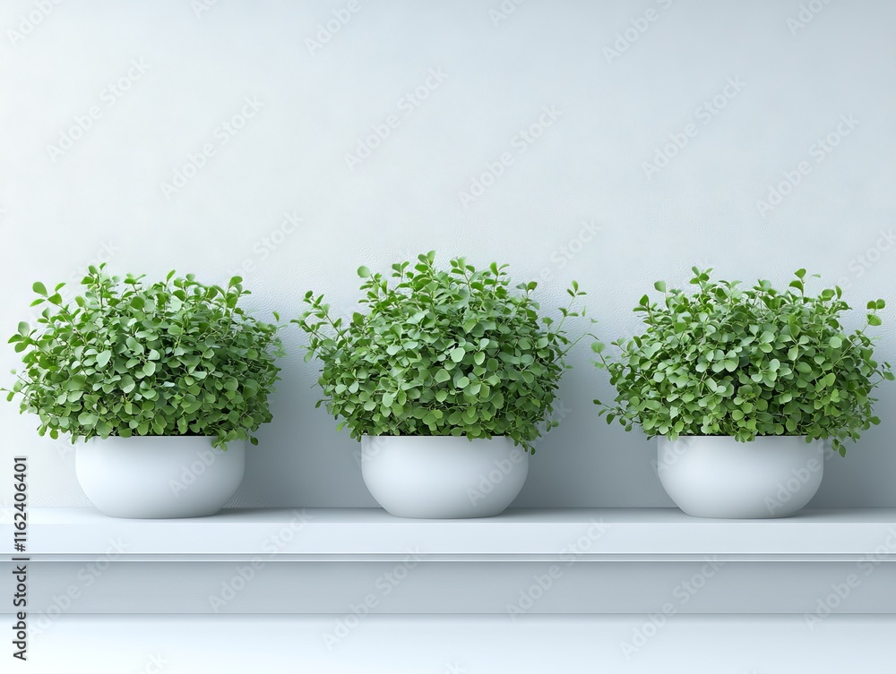Three green potted plants on a shelf against a minimalist background. Three green potted plants on a shelf against a minimalist background.