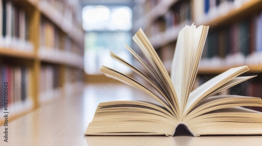 Open book on a table in a quiet library