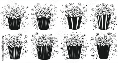 Vector black silhouettes of popcorn buckets, Abstract popcorn buckets silhouettes for design use, Popcorn buckets silhouettes vector collection, Set of popcorn buckets silhouettes on white background