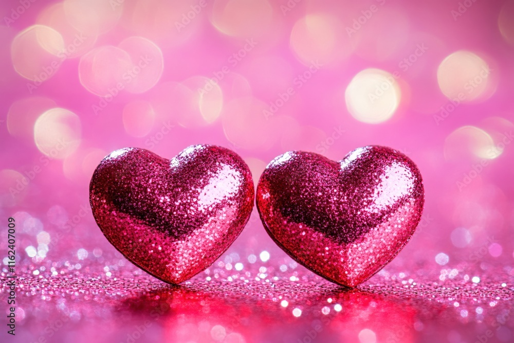 Fototapeta premium Sparkling Pink Hearts on Glittery Background for Romantic Celebrations