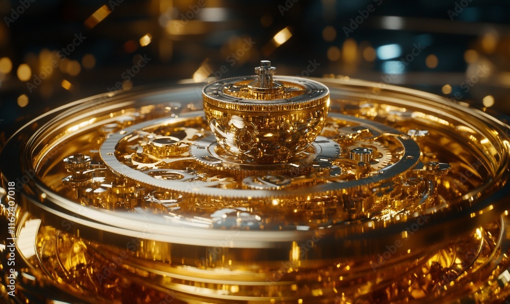 Intricate gold clockwork mechanism, close-up. Intricate gold clockwork mechanism, close-up.
