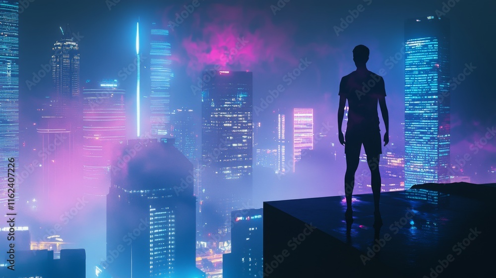 Silhouette of a person against a neon city skyline. Silhouette of a person against a neon city skyline.