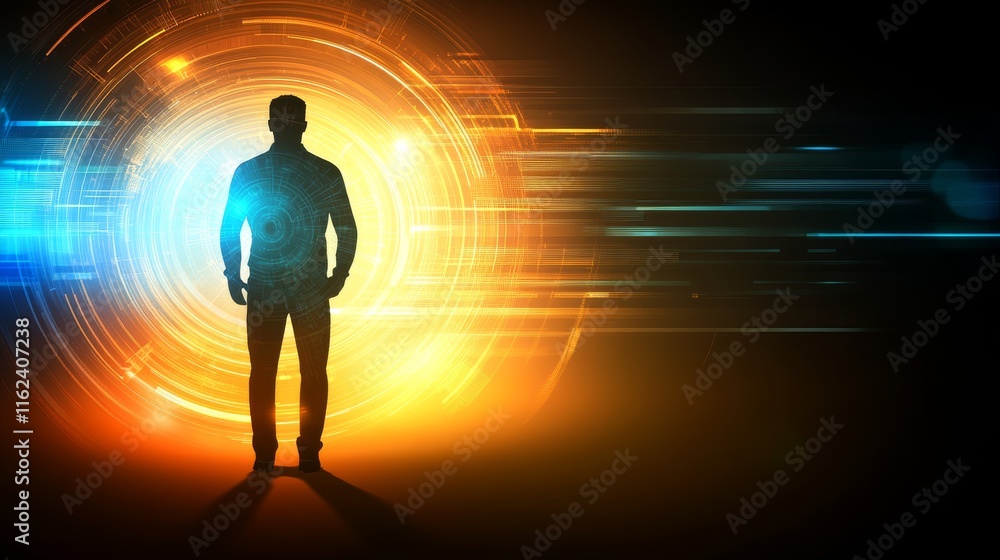 Silhouette of a person against abstract lights. Silhouette of a person against abstract lights.