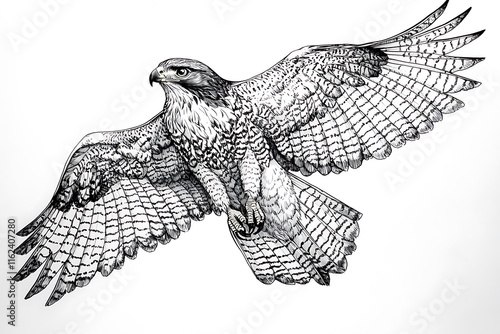 A Detailed Ink Drawing of a Peregrine Falcon in Flight, showcasing its powerful wings and sharp features. photo