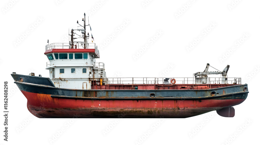 Side view of an old rusty cargo ship sailing on a transparent background, perfect for maritime and transportation projects Side view of an old rusty cargo ship sailing on a transparent background, perfect for maritime and transportation projects