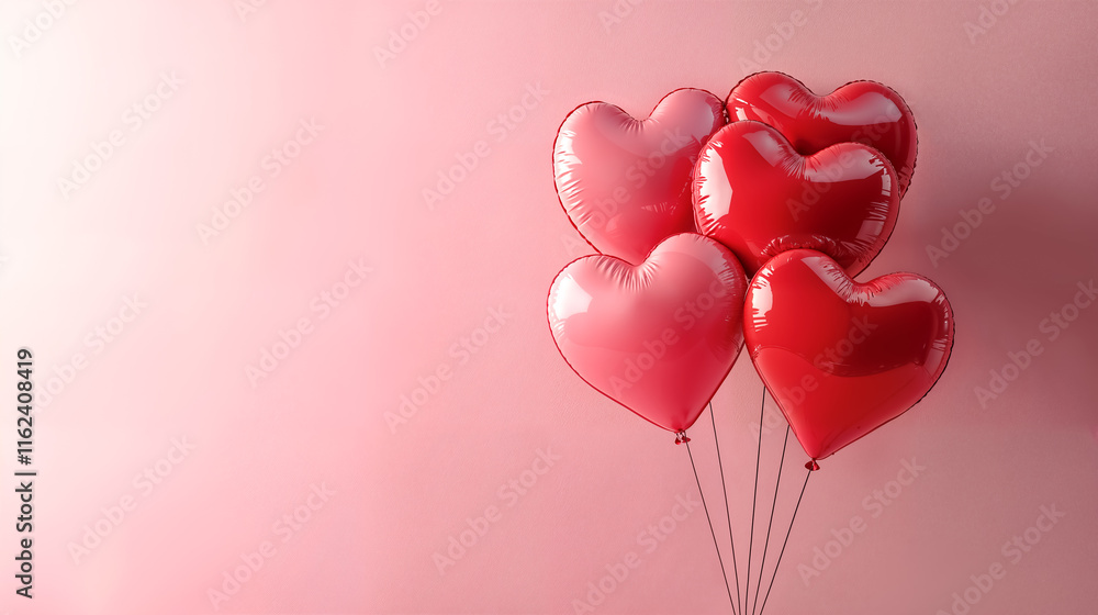 bouquet de ballons à l'hélium, en formes de cœurs roses et rouges, en train de voler sur un fond rose bouquet de ballons à l'hélium, en formes de cœurs roses et rouges, en train de voler sur un fond rose