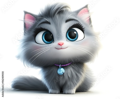 Adorable fluffy gray kitten with big blue eyes and purple collar, sitting and looking up.