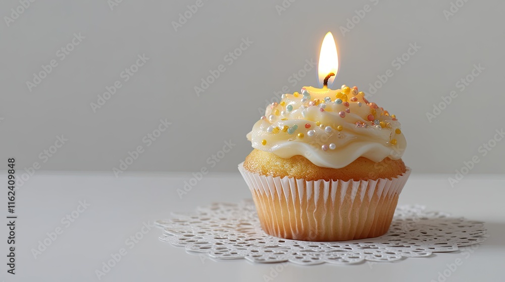 A festive cupcake with a cheerful lit candle on a blank white background, plenty of space for text or design. A festive cupcake with a cheerful lit candle on a blank white background, plenty of space for text or design.
