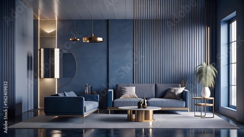 Minimalist interior design of modern living room with metallic navy blue wall