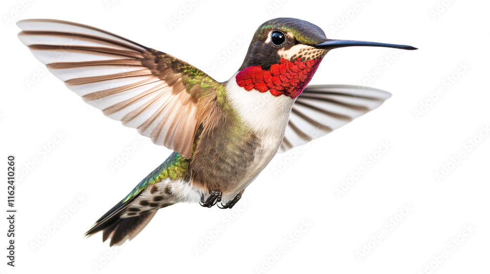 Fototapeta premium Beautiful ruby-throated hummingbird with open wings hovering in the air, isolated on transparent background