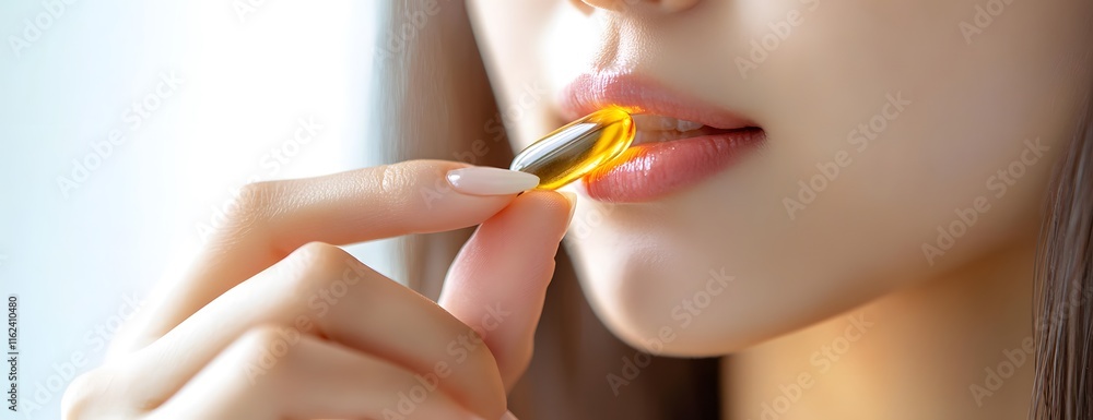 Close-up of woman taking a softgel capsule, omega-3 supplement for health and wellness Close-up of woman taking a softgel capsule, omega-3 supplement for health and wellness