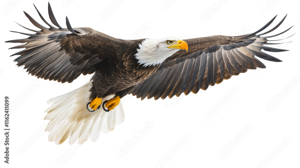 Obraz premium Bald eagle flying with spread wings isolated on transparent background, representing freedom, power, and American symbolism