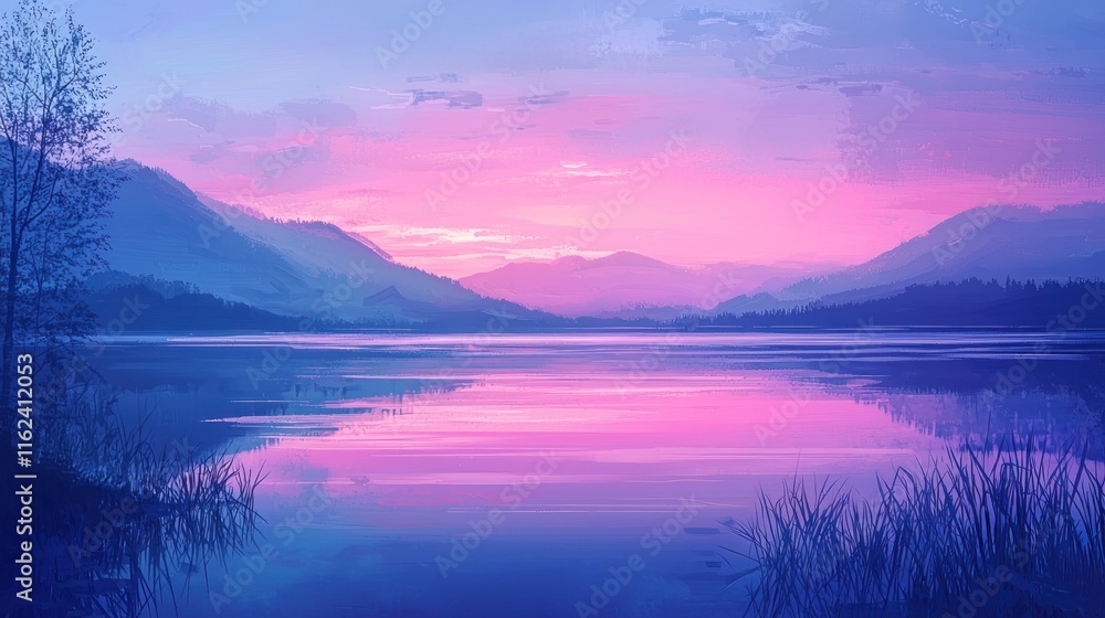 Fototapeta premium Serene Pink Sunset Over Calm Mountain Lake