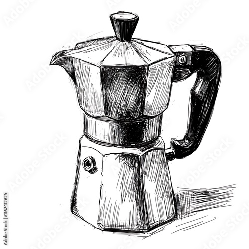 Hand-drawn illustration of a classic Italian Moka pot, a stovetop espresso maker.