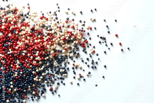 A colorful arrangement of small beads in red, white, and blue scattered on a white surface.