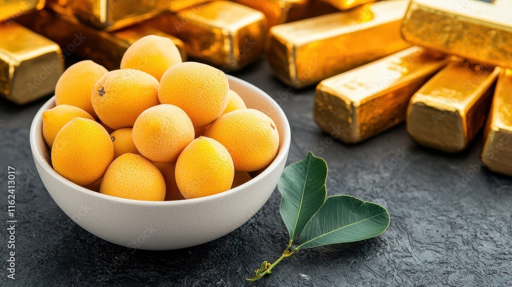 Chinese New Year Food Concept, A Bowl of Fresh Yellow Loquats Surrounded by Glimmering Gold Ingots on a Dark Surface Chinese New Year Food Concept, A Bowl of Fresh Yellow Loquats Surrounded by Glimmering Gold Ingots on a Dark Surface