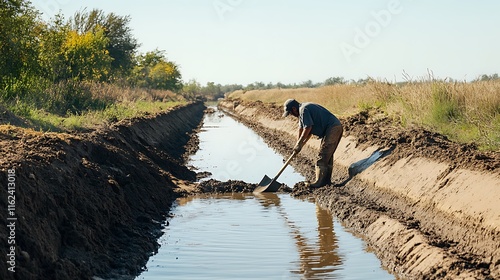 Farmer Digging Irrigation Ditch photo