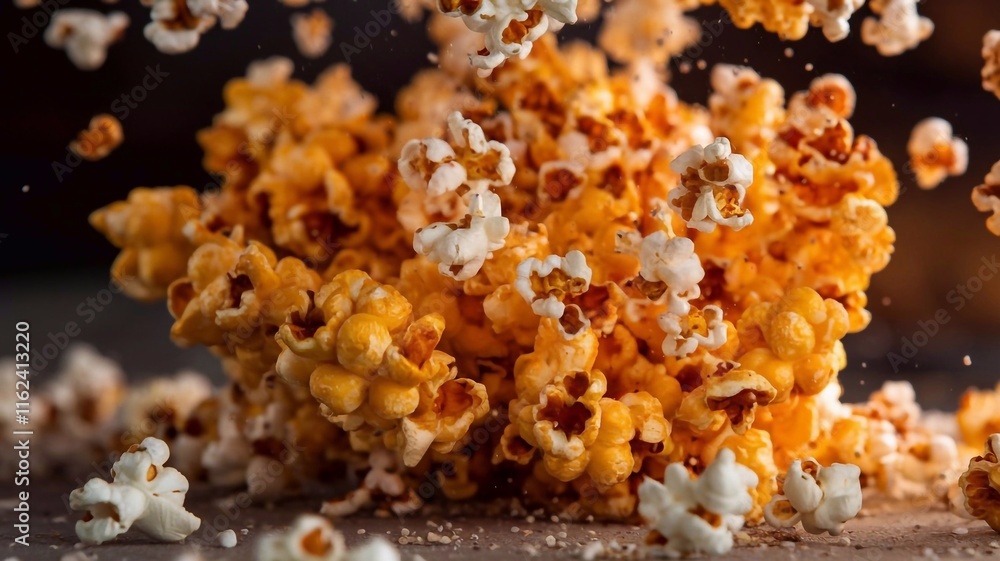 A dramatic close-up of popcorn exploding with vibrant orange lighting and scattered kernels in mid-air A dramatic close-up of popcorn exploding with vibrant orange lighting and scattered kernels in mid-air