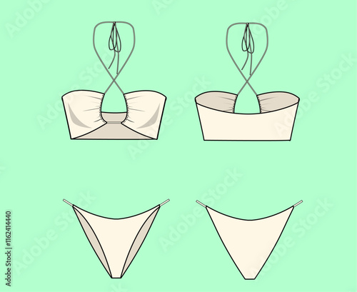 Two-piece swimsuit, swimwear and beachwear outline drawing flat sketch.